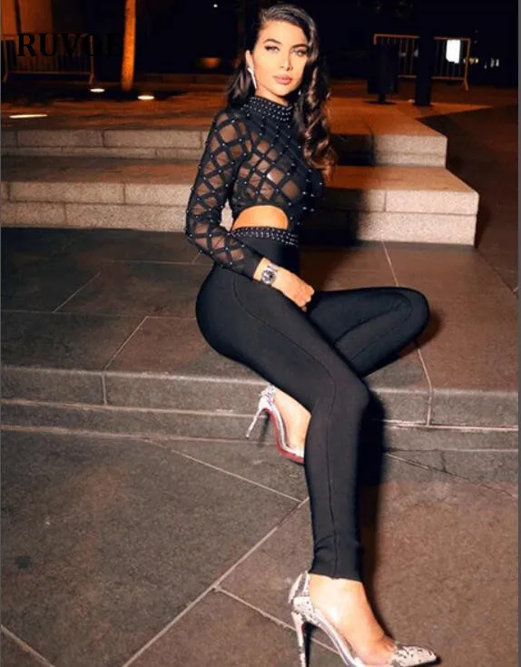 

New Black long-sleeved mesh beaded bandage jumpsuit summer autumn spring Sexy evening Party Bodycon wholesale womens clothing