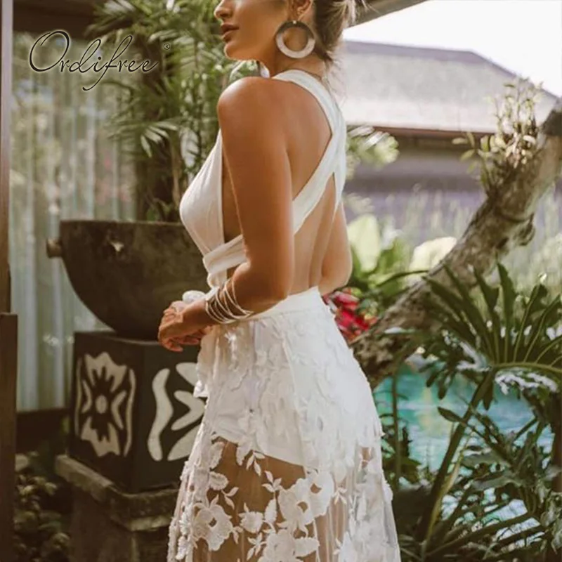Ordifree летнее женское сексуальное длинное платье прозрачное белое кружевное с открытой спиной без рукавов Макси Туника пляжное платье