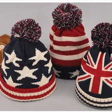 Унисекс для женщин и мужчин Флаг Великобритании шаблон звезды американского шапочки полосой акрил вязаная шапка с помпонами ll171141
