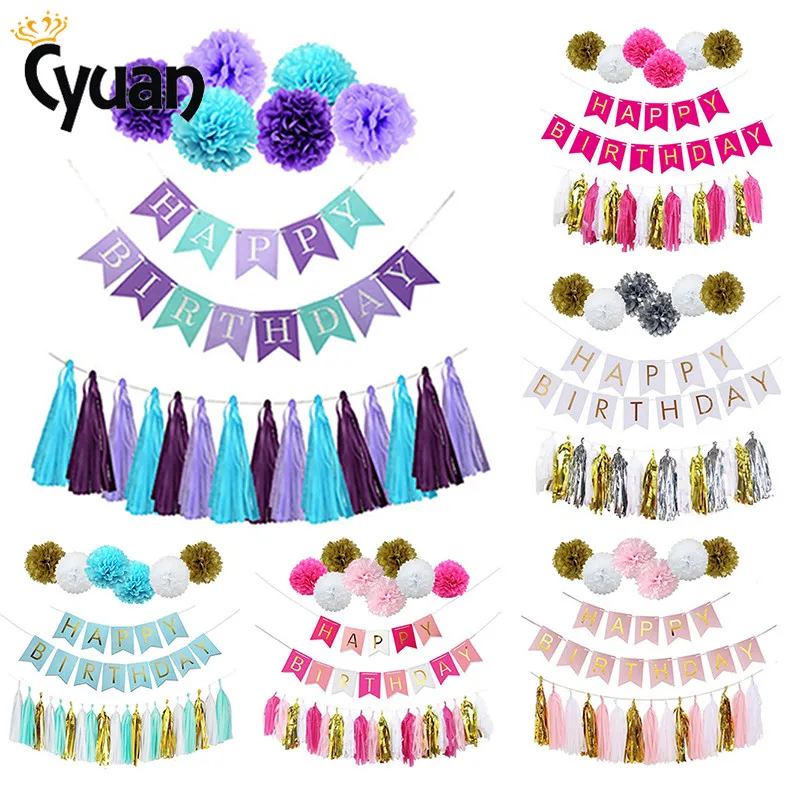 

Cyuan Happy Birthday Banner Tissue Paper Tassel Bunting Garland 1st Birthday Decoration Baby Shower Girl Boy Kids Favors Party