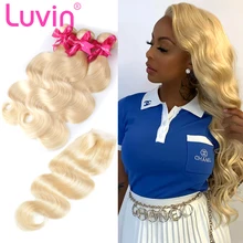 Luvin Body Wave 28 30 32 40 Inch Brazilian Remy Human Hair Bundles With And 4×4 Lace Closure 613 Blonde Weave