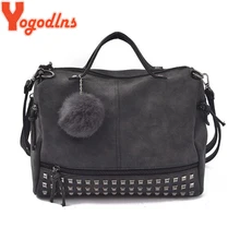 Yogodlns винтажная женская сумка из нубука, большие сумки с заклепками, женская сумка через плечо, мотоциклетная сумка-мессенджер с верхней ручкой