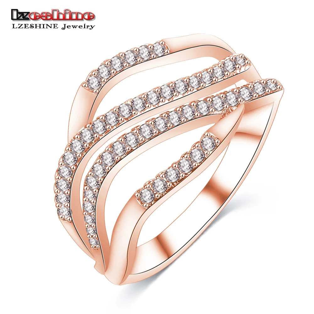 LZESHINE Top Selling Brilliant Ring Rose Gold Color CZ Zircon 4 Rows Wave Shape Women Fashion Jewelry CRI1021 | Украшения и