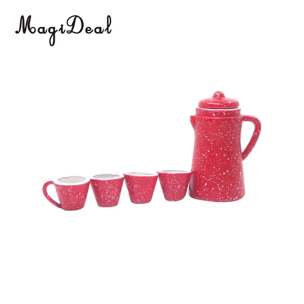 5Pcs/Set 1:12 Dollhouse Miniature Red Porcelain Pot Kettle Cups Coffee Tea Milk Set Restaurant Kitchen Tabel Decor Model Toy