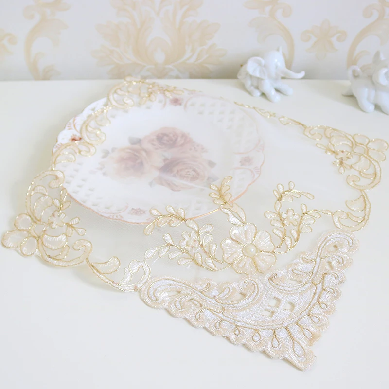 see chart Embroidery Placemat 28cm Place Mats Tulle Dining Mat Gold Lace Table Pad Tea Party Cup Coaster Placemats For Kitchen Table W15 - Цвет: see chart