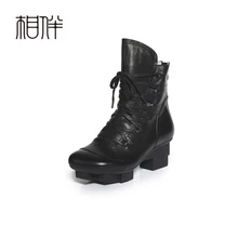 2017 spring fall winter women leather shoes platform comfortable black lacing up boots Martin pointed toe