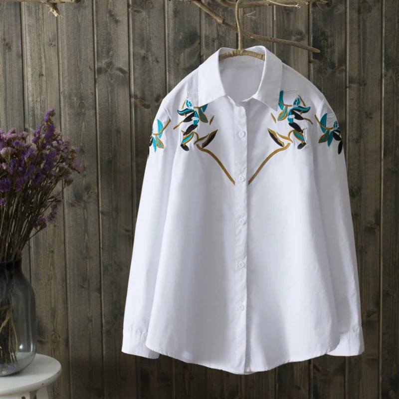 

2019 summer new 100% cotton embroidery women blouse causal office lady white shirts all match elegant outwear coat tops