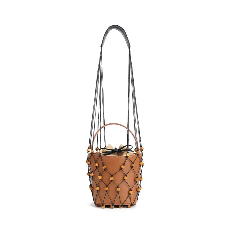 

Summer 2019 New Design Frosted Wood Shoulder Handbag Pearl Hanging Fish Net Bag