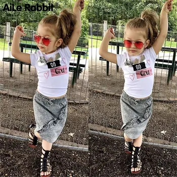 

Newborn Kids Baby Girls Clothes short sleeve round neck pullover letter print Tops Denim solid Ruffle Skirts 2pc cotton Outfits