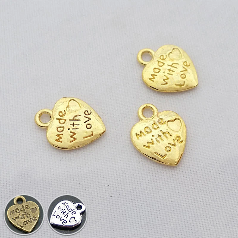 50Pcs Antique Bronze Made with Love Heart Charms Pendants DIY Jewelry Making