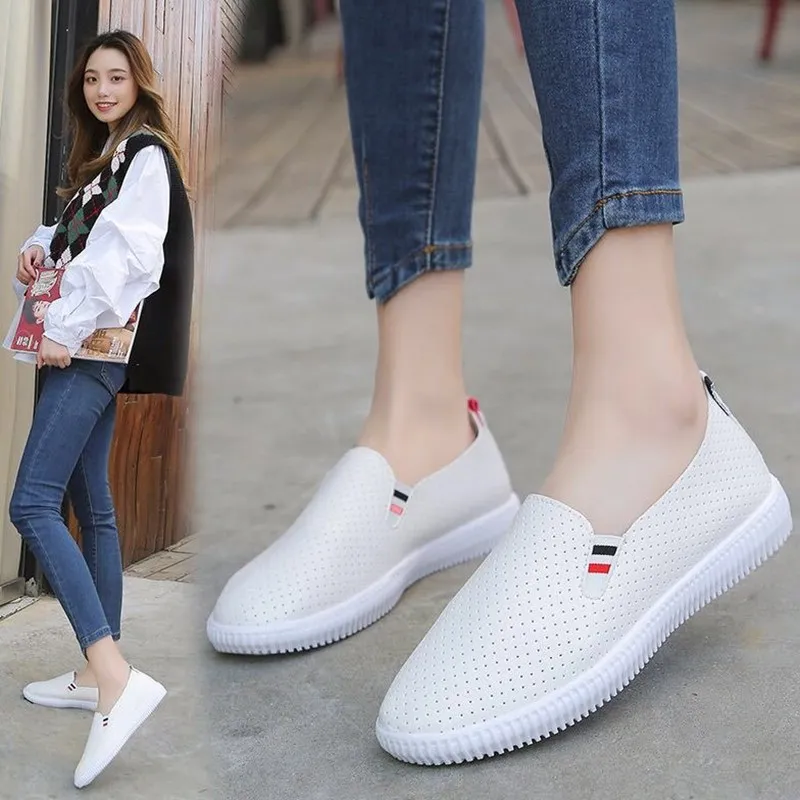 Women Sneakers White Flats Cut-Out Woman Loafers Pu Leather Slip on Shoes Low Heels Casual Shoes Espadrilles Ladies N7145