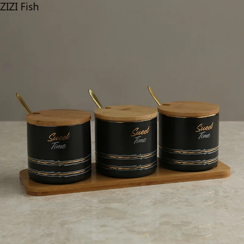 

Nordic Style Black Ceramics Spice Jar Suit Seasoning Box Three-piece Suit Kitchen Storage with Lid with Spoon Seasoning Tool