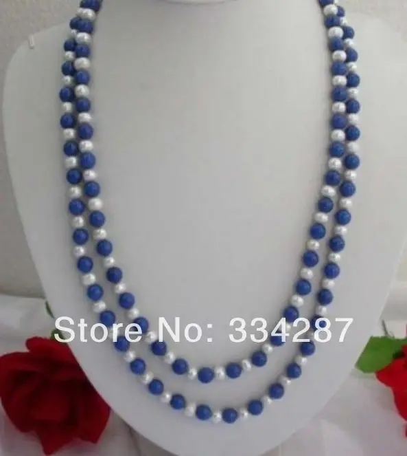 

Long 50" 8mm Lazuli Lapis / white pearl Jewelry Necklace