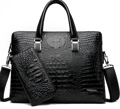 Высококачественные деловые мужские сумки из крокодиловой кожи, водонепроницаемые мужские портфели из натуральной кожи, многофункциональная сумка на плечо для ноутбука LFB43 - Color: Black