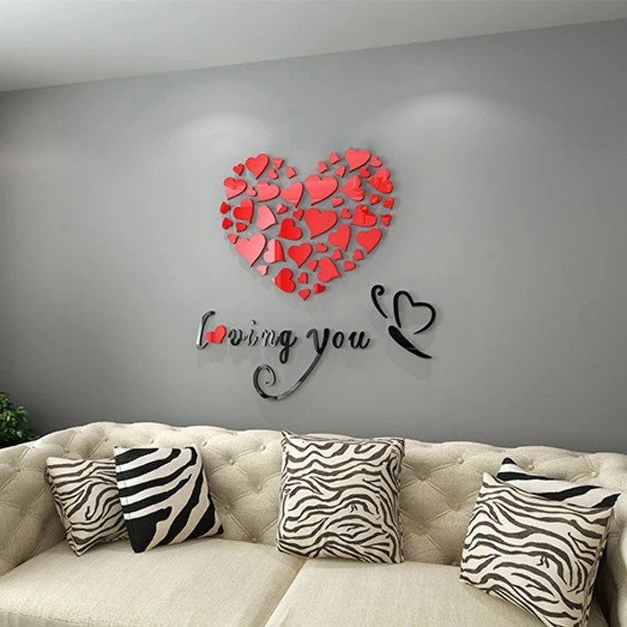 Romantic DIY Art 3D Acrylic Love Heart Wall Sticker Bedroom Living Room