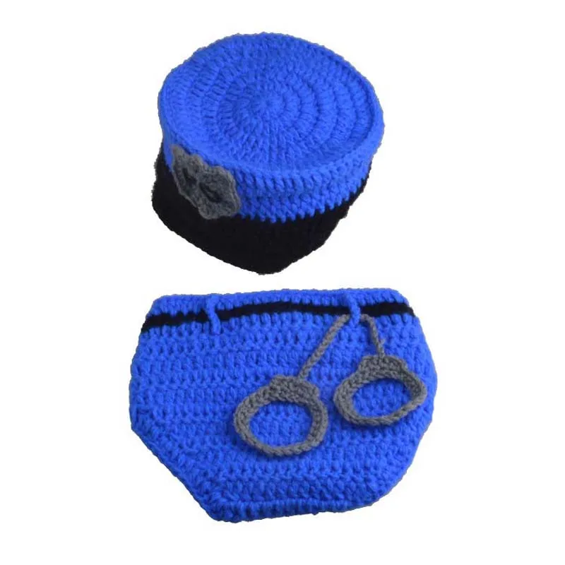 New Hot Sale Newborn Police Design Photography Photo Props Infant Toddler Costume Outfit Handmade Crochet Hat Diaper Set H230 2