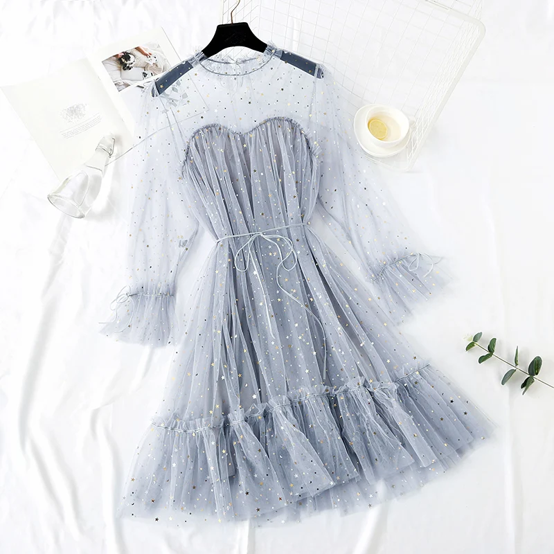 2019 New Women Fashion Dress Stand Collar Mesh See-through Lace Fairy Dresses Femme Vestidos Evening Party Elegant | Женская одежда