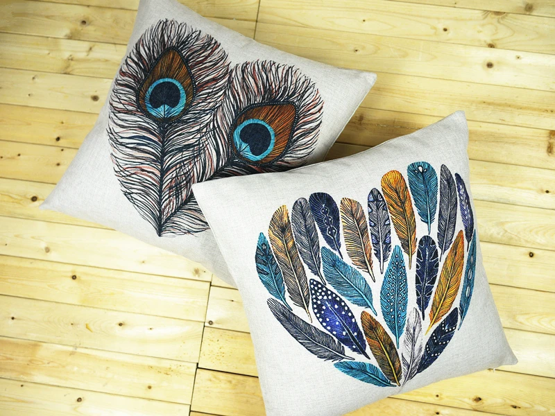 Feather pillow cover, Creative watercolor cartoon Peacock Feather throw