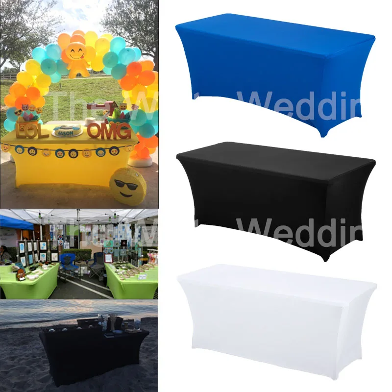 

Black Blue 4ft Fitted Stretch Table Cloth Skirt Iceberg Royal Blue Spandex Rectangular Table Covers Folding for DJ Tablecloth
