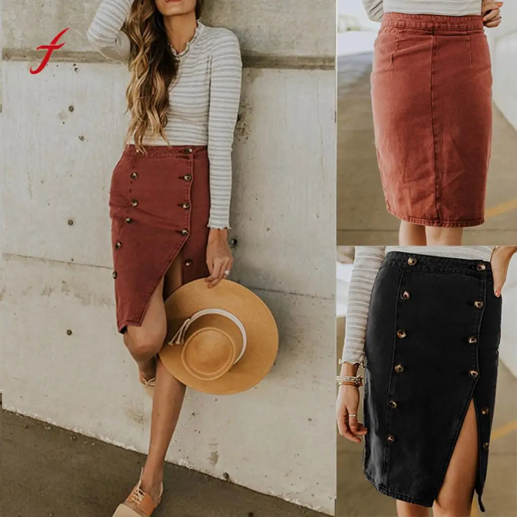 Feitong Classic Skirts Womens Girls SkirtsFashion Elastic Button Denim