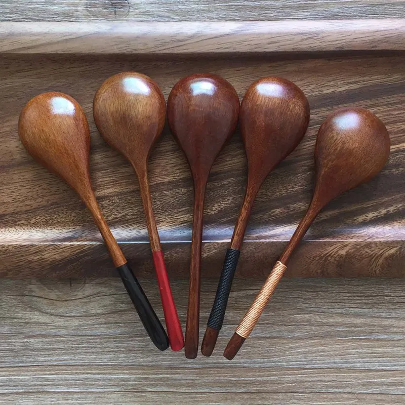 

New Japanese Painting Processing Round Head Small Handle Wooden Spoon Tail Red Black Tableware Coffee Wooden Spoon Couple Spoon