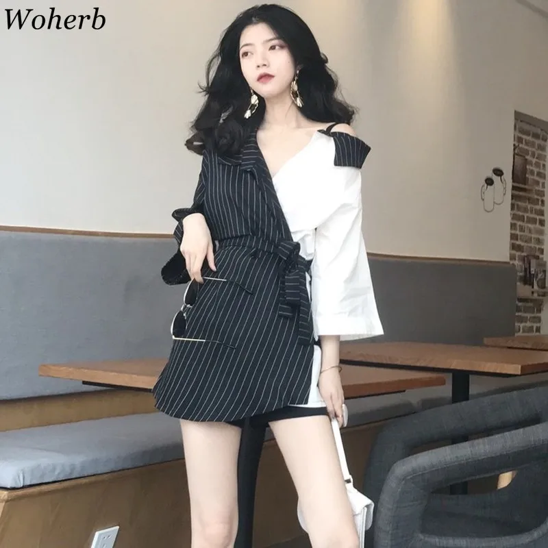 

Woherb Summer Harajuku Shirt Women Asymmetrical Patchwork Blouse 2019 Korean Streetwear Sexy Off Shoulder Bandage Blusas 21365
