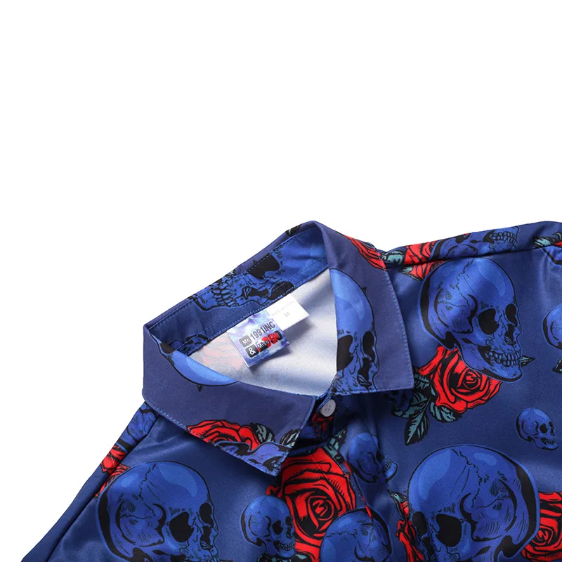 High Quality Men Shirt Long Sleeve Loose fit Flower Skulls Print Turn-down Collar camisas Big Size Dress Shirts