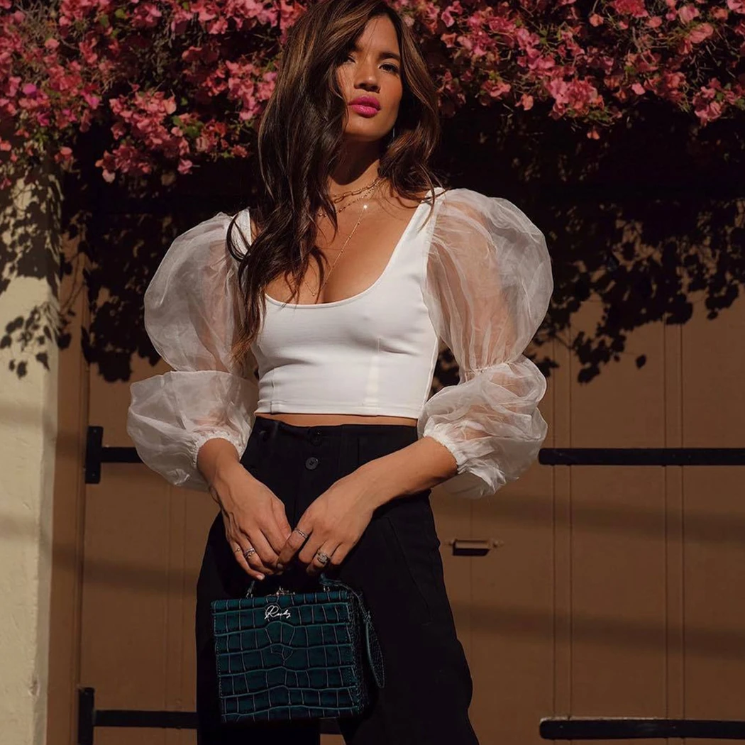 Sexy Mesh See Through Puff Sleeve Crop Tops 2019 Spring Women Backless Patchwork Cropped Tshirt Vintage Slim U-Neck T-Shirt Tees | Женская
