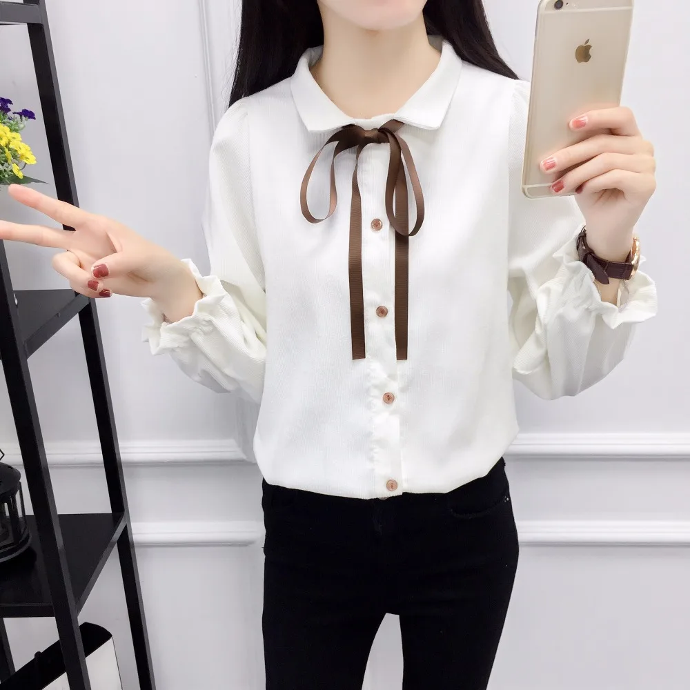 Autumn Long Sleeve Women Shirt Preppy Style Bow Woman Shirt Corduroy Plus Thick Solid Color Women Blouses Turn-Down Collar Top (9)