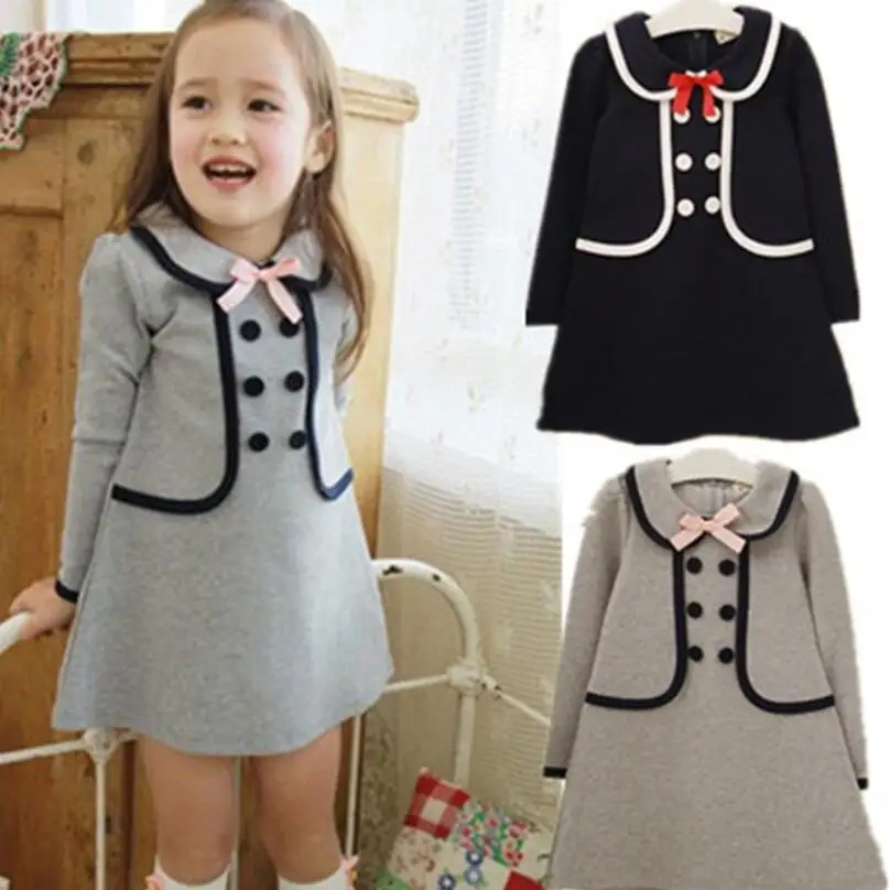 

Princess Dress Spring and Autumn Girls Long Sleeve Dress / College Wind Fake Two Piece Dress New Double Breasted
