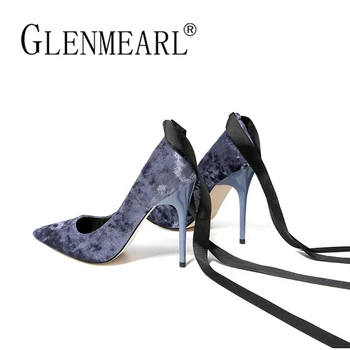 

Brand Women Pumps High Heels Shoes Retro Velvet Thin Heels Pumps Spring Black Ankle Strap Pointed Toe Bowtie Party Shoes Woman