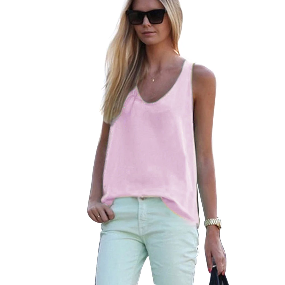 Новая женская однотонная блузка без рукавов с v-образным вырезом, тонкая летняя шифоновая блуза, Blusas Mujer De Moda - Цвет: Розовый