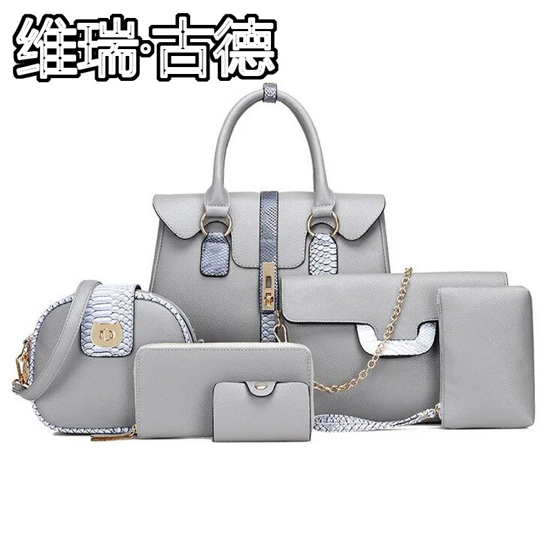 

Women Handbags Luxury Designer Totes 6 Sets Multifunction Simple Solid Serpentine Popular Fashion Beach Bags Women Summer 2018