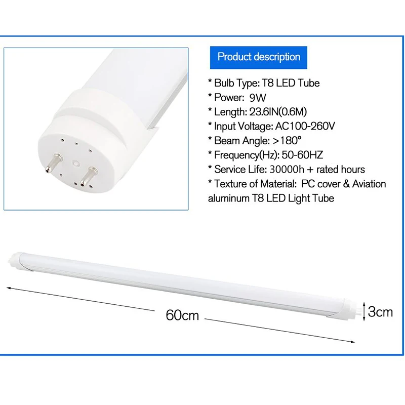 Интегрированный Светодиодный ламповый светильник T8 G13 2ft лампы 85-265V Алюминий Энергии Флуоресцентный светильник лазерная трубка 60 см 9W 3000K 6000K SMD 2835 2 цвета