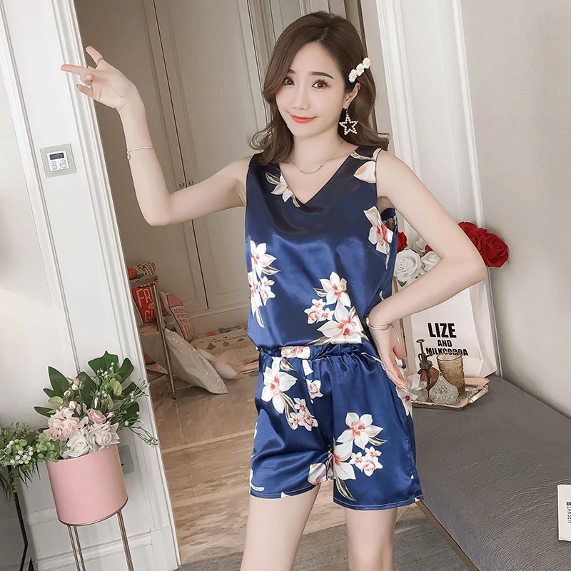 

Summer Women Sleepwear Set Plus Size Satin Silk Pajamas Short Pants Sleeveless Nightwear Flower Print Pyjama Femme Home Wear