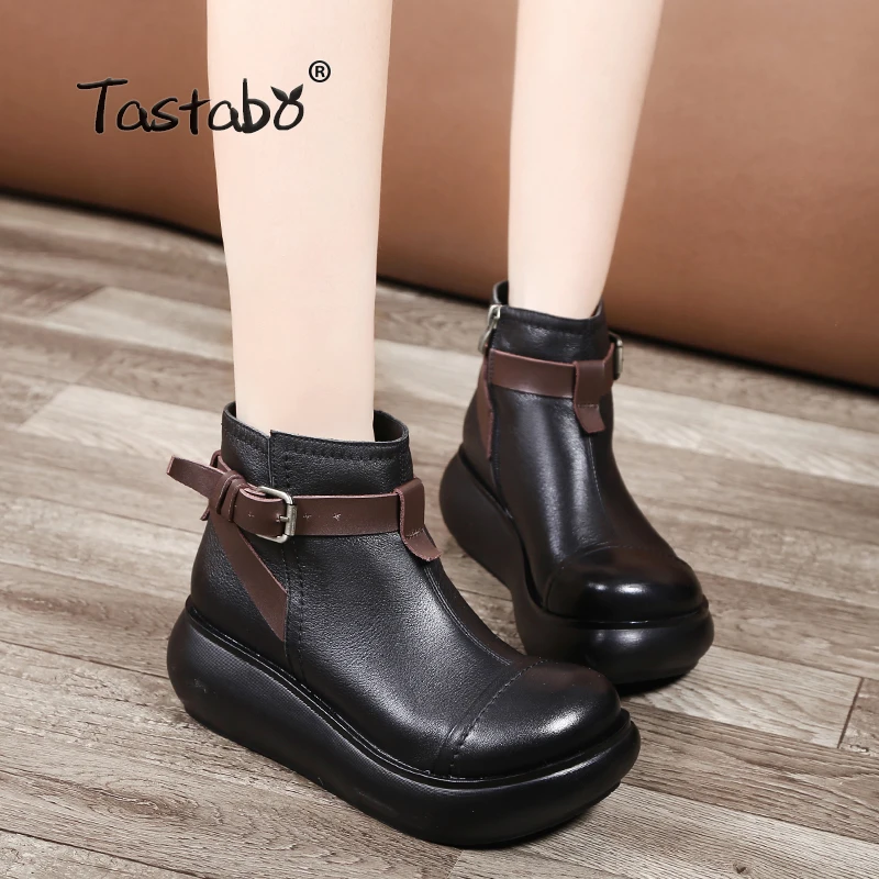 

Tastabo Boots Women Autumn Genuine Leather Ankle Boots for Women Soft Martin Wedges Platform Shoes Ladies