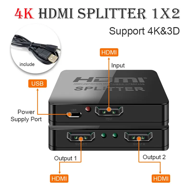 

Full 3D 1x2 HDMI Splitter 4K 1080p HDCP Stripper Splitter 1 in 2 out Power Signal Amplifier HDMI Splitter For HDTV DVD PS3 Xbox