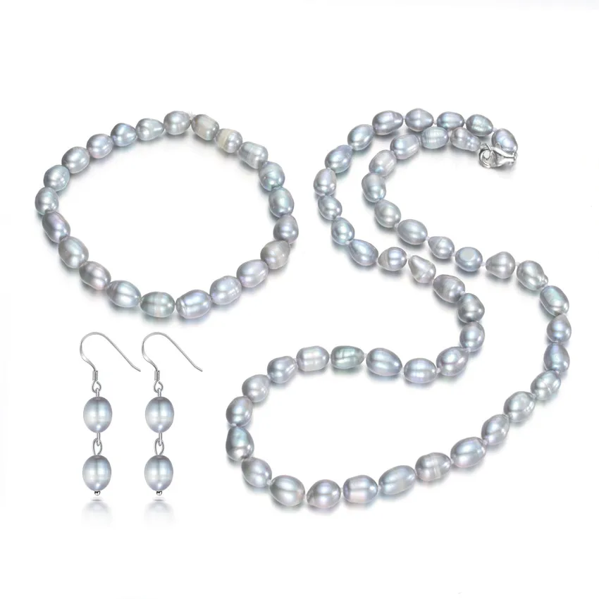 

SNH A rice shape 7mm Necklace Pearl Jewelry sets Natural Pearls 925 Sterling Silver Necklace Earrings For Women