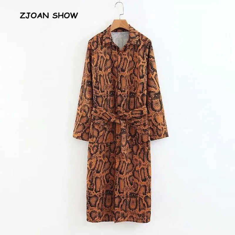 

Vintage Lapel Snake Print Dress 2018 Woman Bow tied Sashes Front Slit Mid-Calf Shirt Dresses New Femme Casual vestido Retro