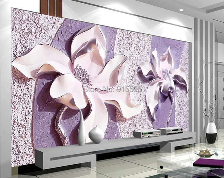 Подгоняйте любой размер 3D рельеф фиолетовый Магнолия спальня ТВ фон обои домашний Декор Гостиная Нетканая настенная бумага
