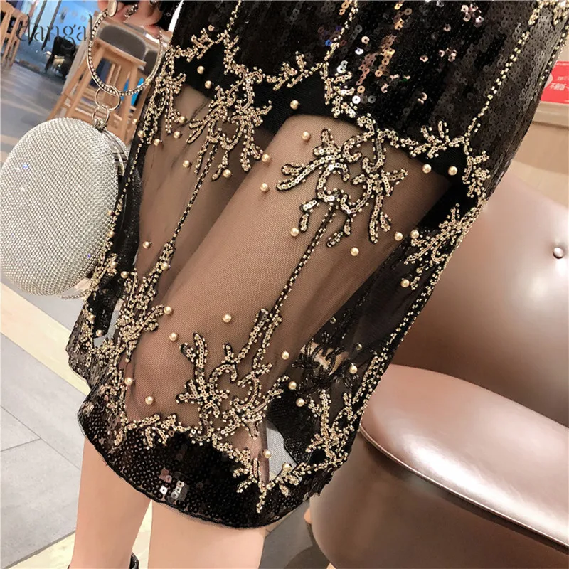 Dangal Sequin Luxury Women Dress Hip Hop Bling Heavy Beading Dress Women Dress Long Sleeve Sexy See-though Dresses For Party