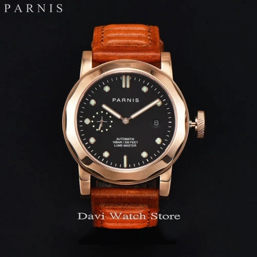 

44MM PARNIS BLACK DIAL ROSE GOLD STEEL SAPPHIRE AUTOMATIC DATE MENS WATCH