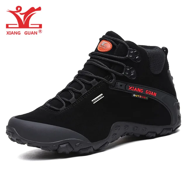 XIANG GUAN Man Cow Suede Hiking Shoes Men Waterproof Trekking Boots Medium Cut Black Sport Climbing Shoe Outdoor Walking Sneaker