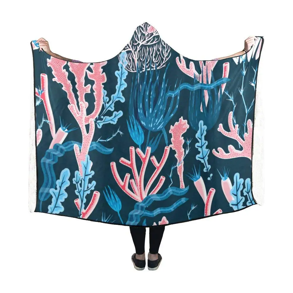 

Portable Wearable Fluffy Custom Hooded Blanket Woods Colorful Coral Wearable Blanket Comfotable Hooded Throw Wrap Bed Blanket