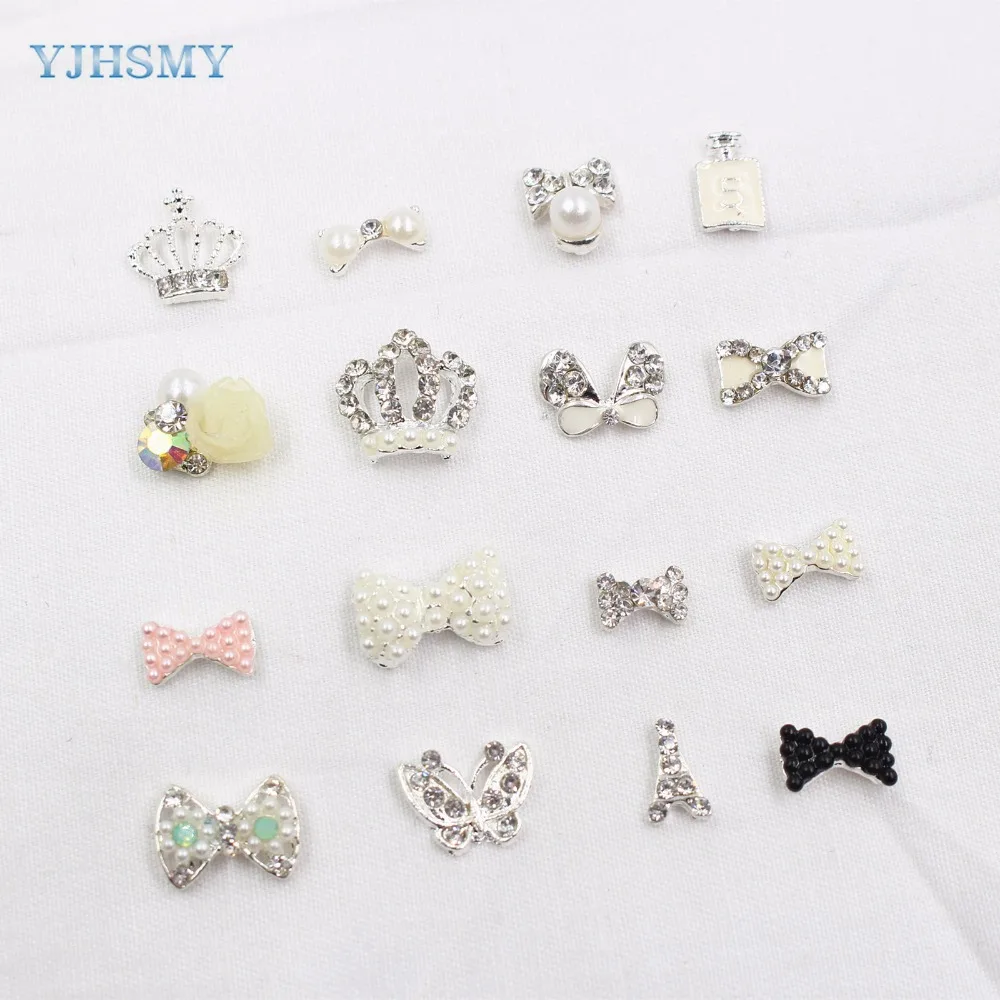 

YJHSMY MJ28,10pcs Bow Mobile Beauty DIY pearl faceplate Rhinestone Button Hand Stick Flower Wholesale Jewelry Accessories