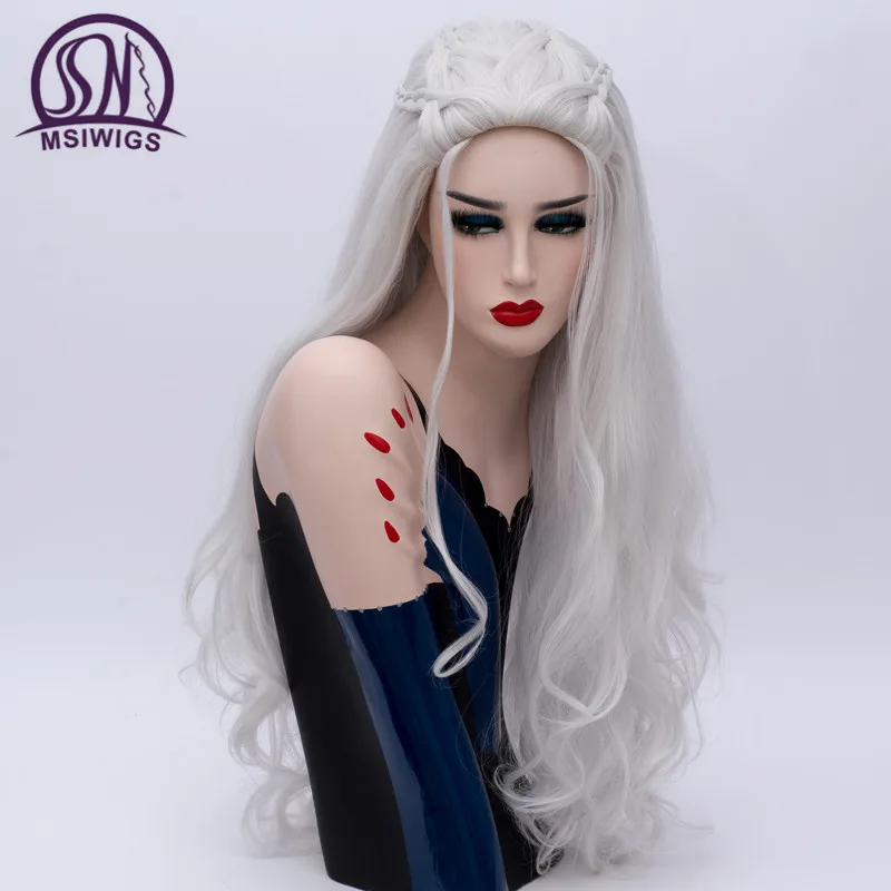 MSI Wigs 2 цвета Длинные серебристо-белые кудрявые парики Косплей Синтетический блонд Плетеный парик для женщин натуральный коса волосы термостойкие