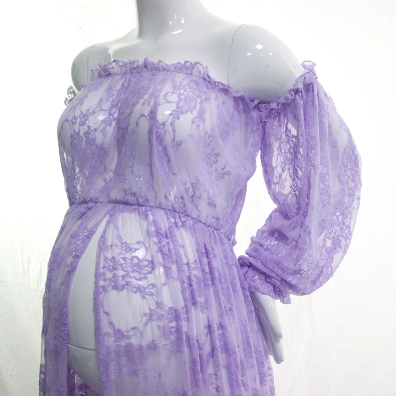 Эластичные кружева платья для беременных оборками Высокая Разделение спереди для беременных фотографии платье Slash шеи Макси Беременность платье DS19