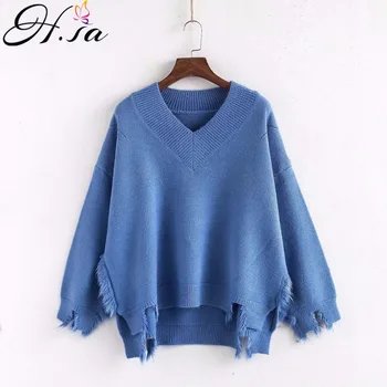 

H.SA Women Tassel Sweater Jumpers 2018 Pullovers V Neck Loose Korean Pull Sweaters Blue Khaki Tassel Oversized Jumper Pull Femme