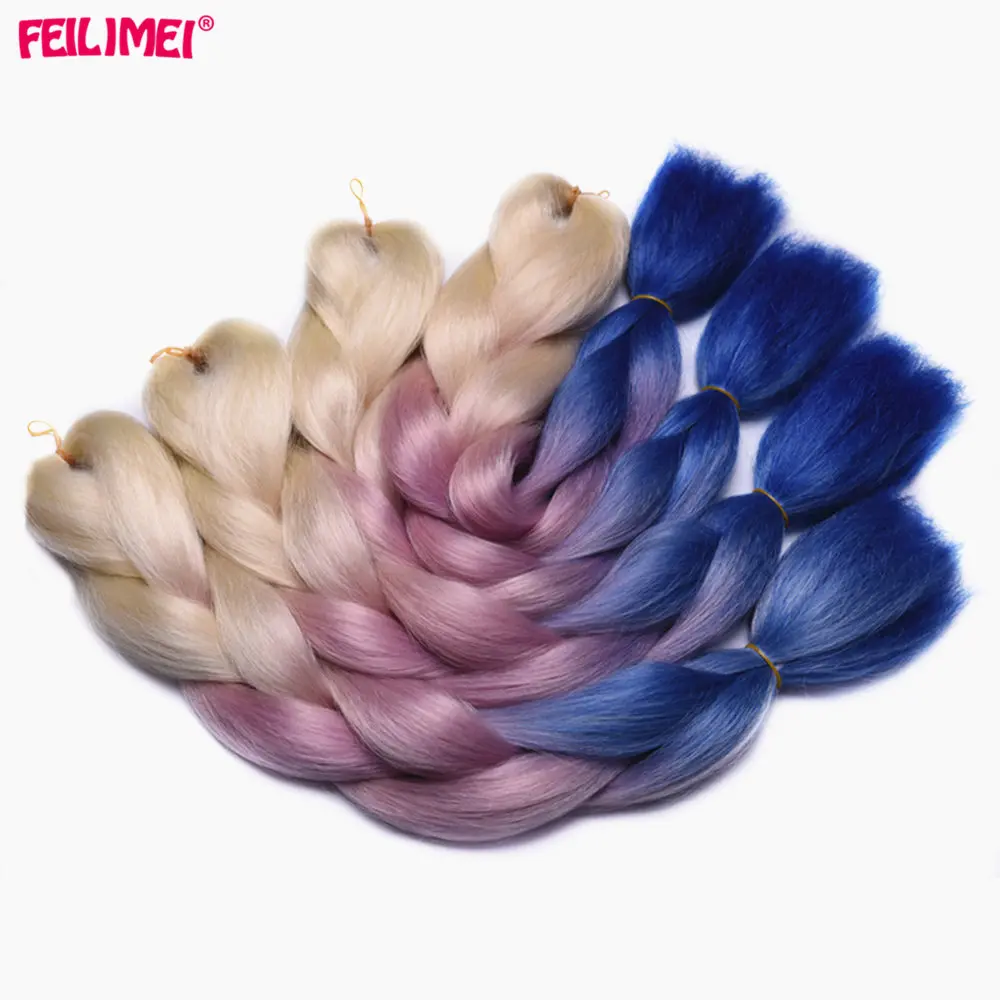 Feilimei, блонд, фиолетовый, синий, огромные плетеные волосы для наращивания, синтетические 24 дюйма(60 см), 100 г/шт., три оттенка, Омбре, вязанные крючком косички, волосы оптом