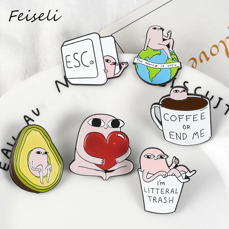 

Feiseli Cartoon Avocado Coffee Cup Earth Love Heart Brooch Pin Colorful Enamel Denim Shirt Hat Decor Metal Badge Ornament
